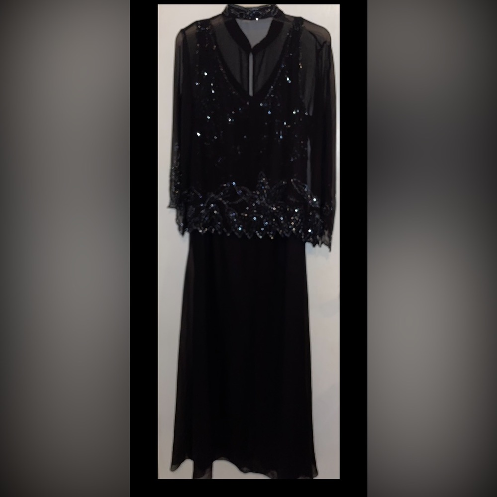 Size 14 J KARA SLEEVELESS BEADED JACKET, V-NECK LONG BLACK DRESS WITH BEADED TOP